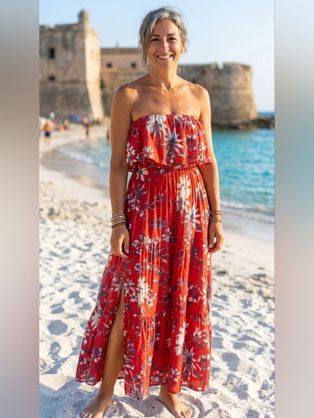 Japna Strapless Red Floral Boho Summer Beach Vacay Popover Ruffle Maxi Dress XS